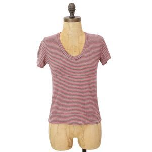 BRANDY MELVILLE V-Neck Striped Tee Short Sleeve Red/White/Black T-Shirt EUC B37